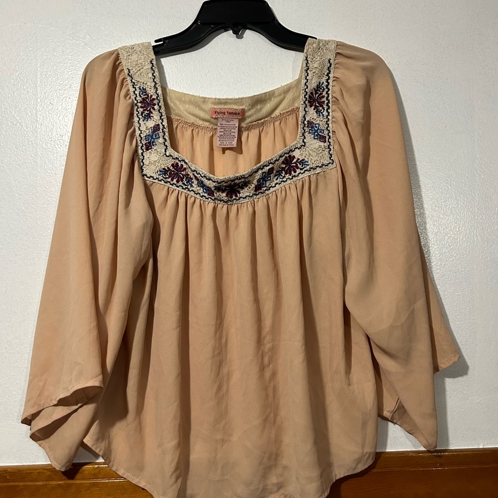 Flying Tomato Beige Boho Embroidered Square Neck Tunic